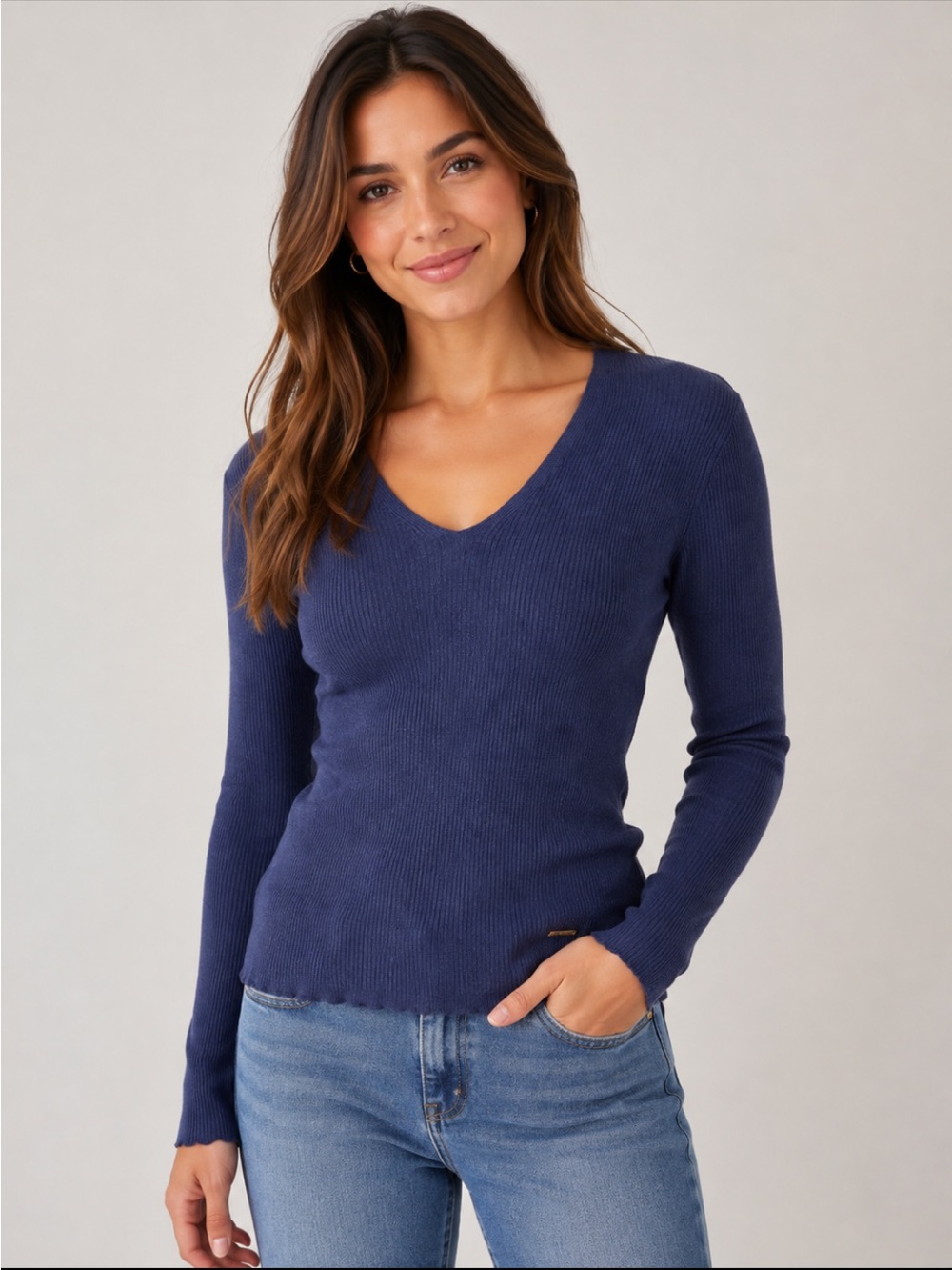 Tory Burch Silk Blend Navy Ribbed V-Neck Long Sleeve Sweater